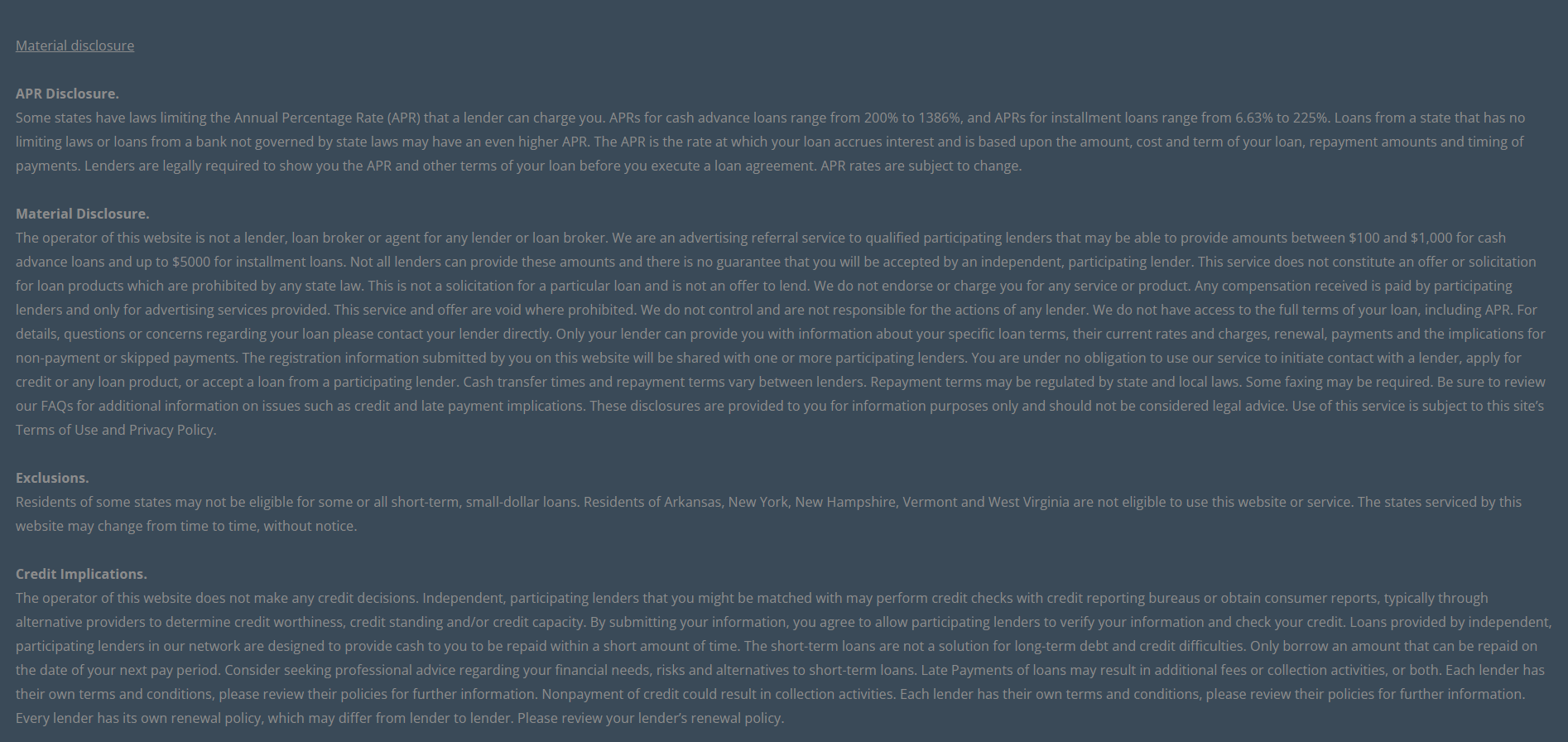 Material disclosure for payday loans in Miramar Florida